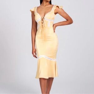 Zora Yellow Satin Lace Up Flare Midi Dress Lace Details - MISS CIRCLE - XS- NWT